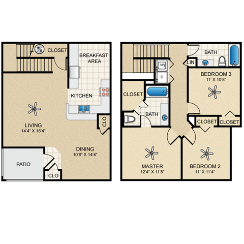 Floor plan for 3 beds, 2 baths, 1475 sqft